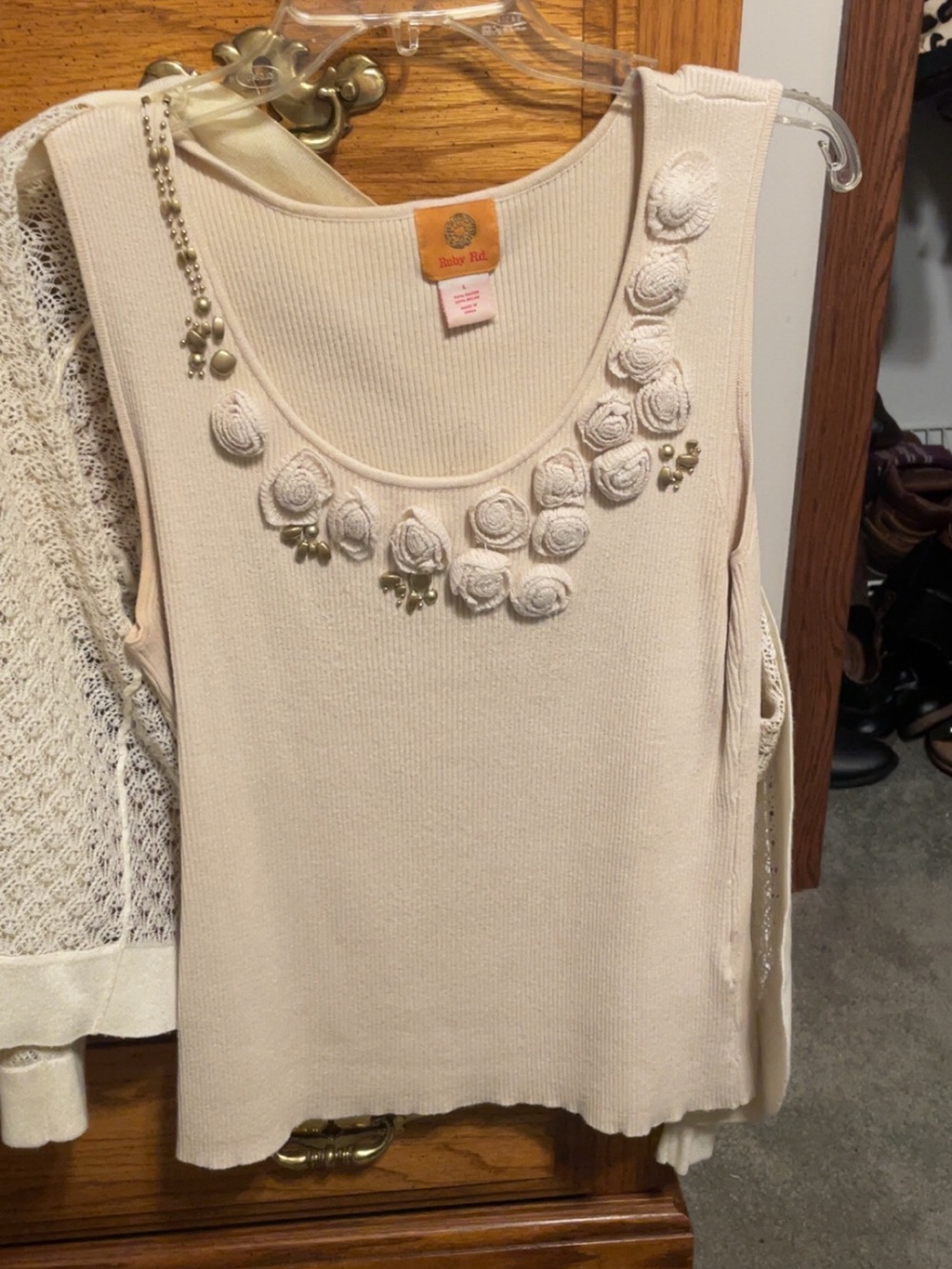 Ruby Rd. Cream Rosette Appliqué Sleeveless Knit Tank